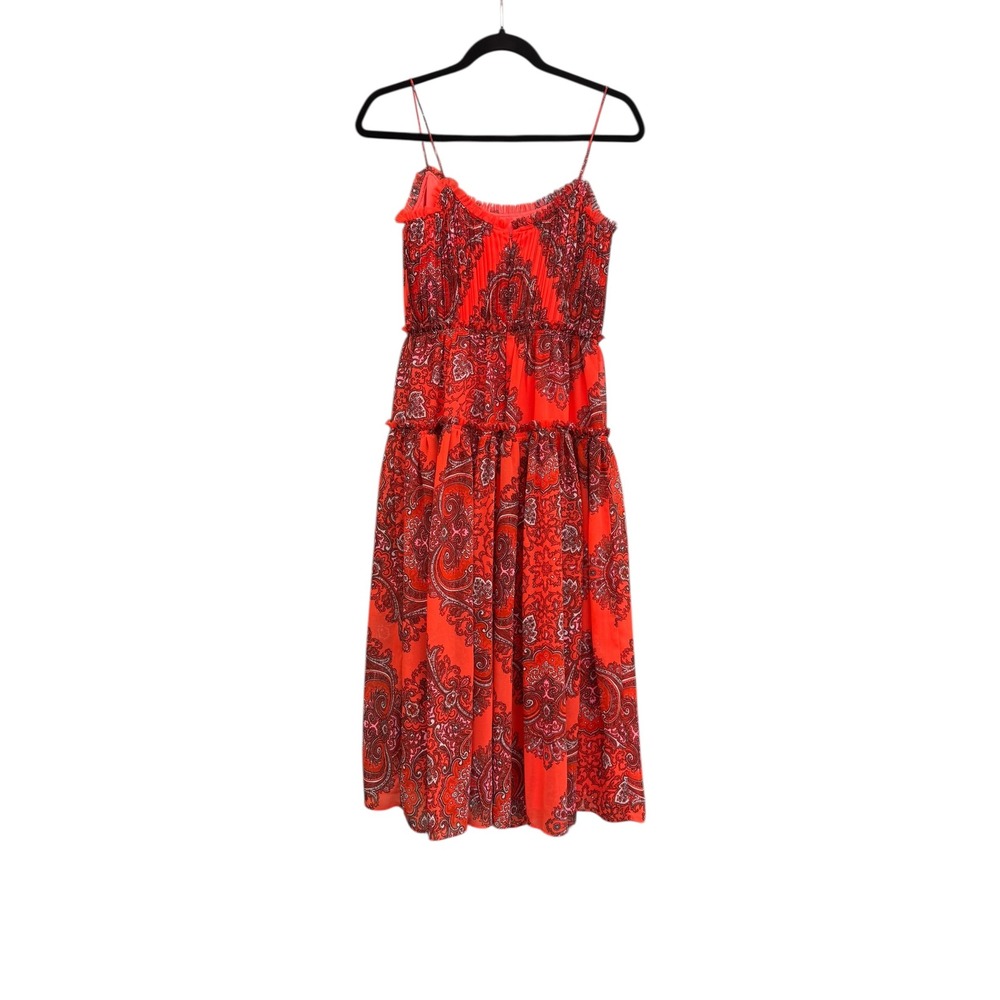 Banana Republic Red Paisley Midi Dress Chiffon Spaghetti Straps Mini Ruffle Sz10 - Picture 11 of 16